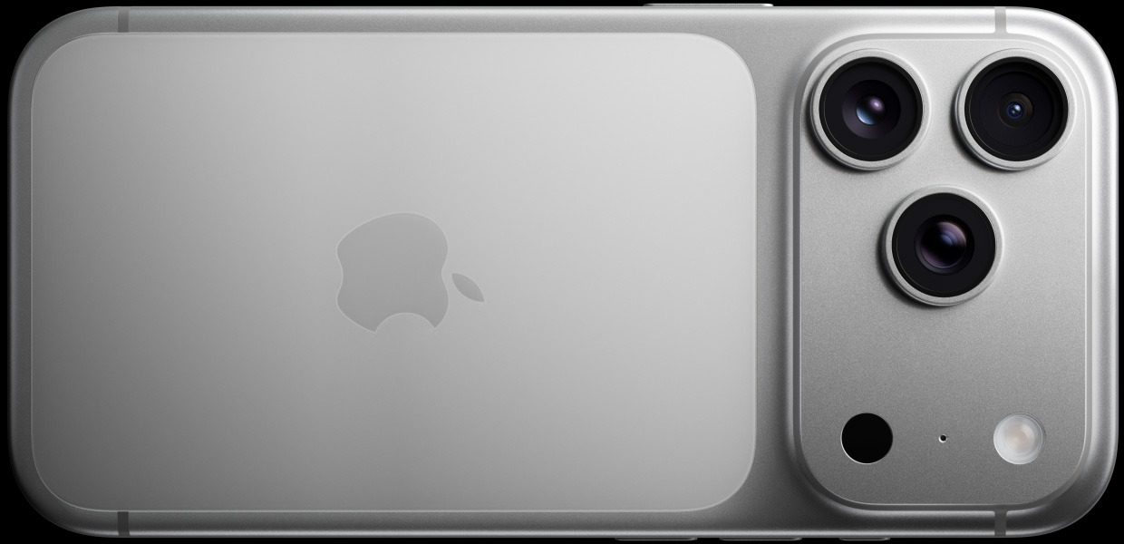 Tył iPhone’a 17 Pro w kolorze srebrnym, system pro aparatów, 3 obiektywy, mikrofon, flesz