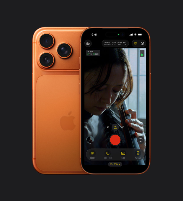 Ekran iPhone’a 17 Pro prezentujący format ProRes RAW podczas filmowania kobiety grającej na wiolonczeli.
