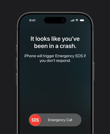 iPhone 17 Pro, przód obudowy, zaokrąglone rogi, crash detection feature in use
