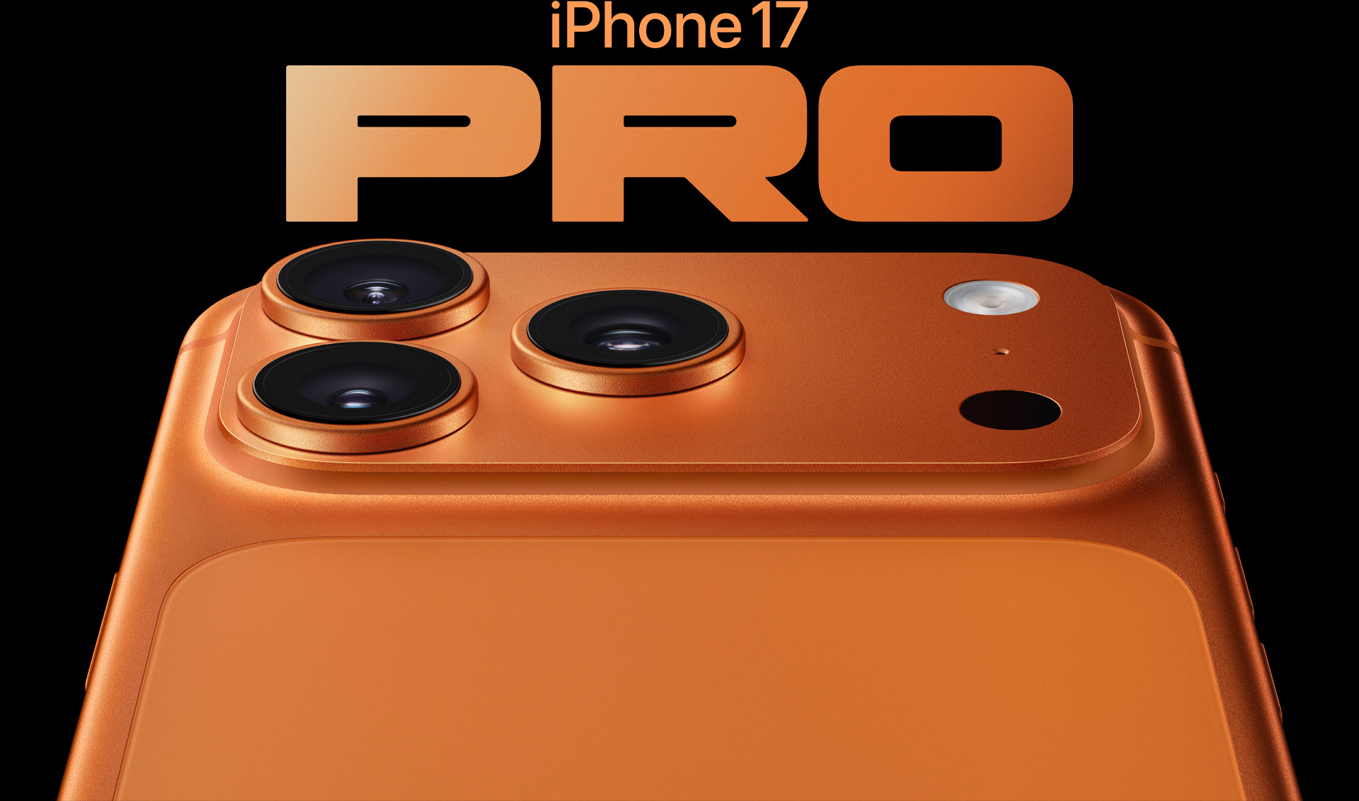 iPhone 17 Pro w kolorze kosmicznego pomarańczu, częściowo widoczny tył obudowy, system Pro aparatów w lewym górnym rogu, 3 obiektywy, mikrofon, flesz