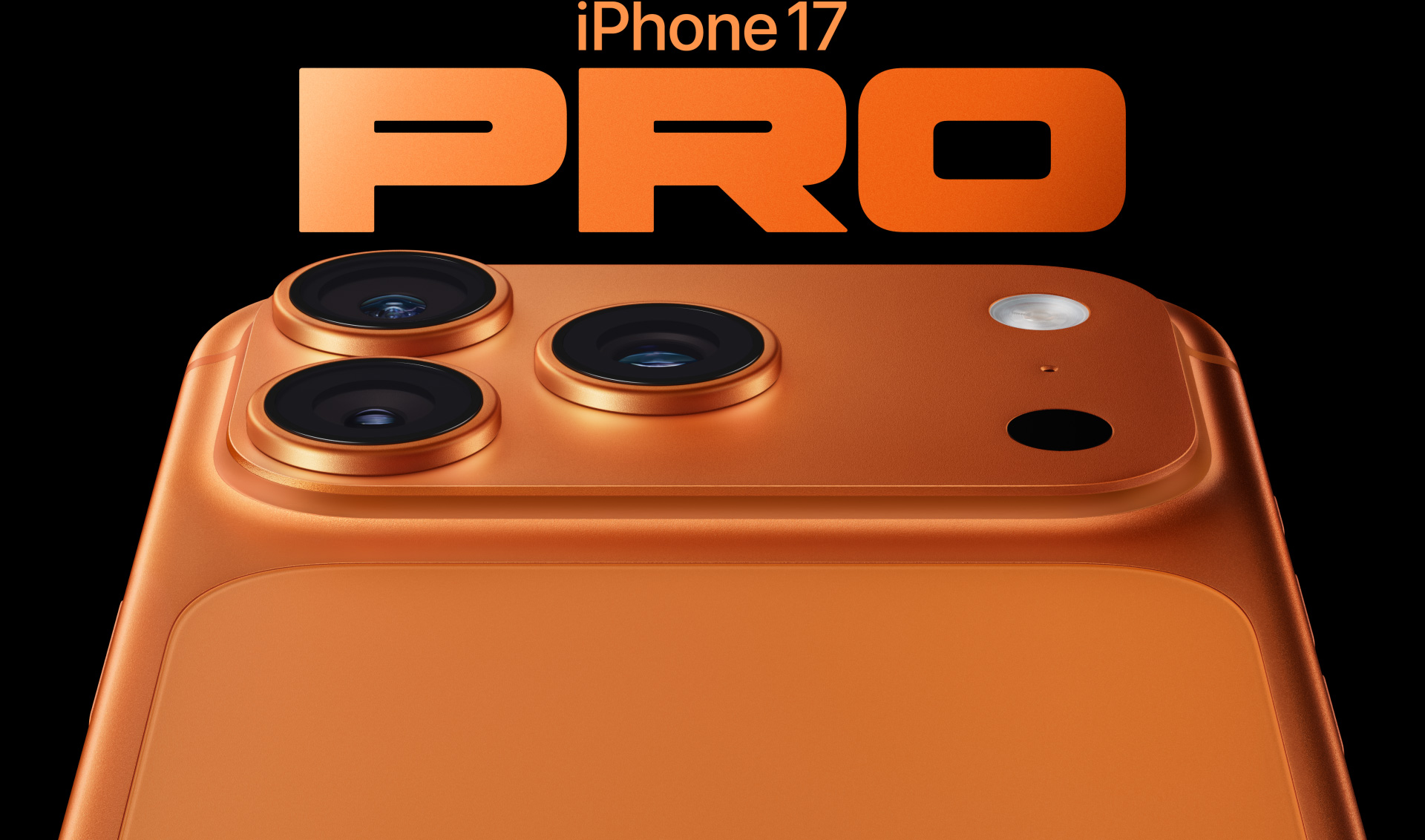 iPhone 17 Pro w kolorze kosmicznego pomarańczu, częściowo widoczny tył obudowy, system Pro aparatów wlewym górnym rogu, 3 obiektywy, mikrofon, flesz
