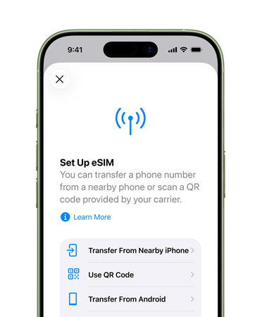 iPhone 17, face avant, fonctionnalité Activer le forfait cellulaire en cours d’utilisation pour transférer facilement un numéro de téléphone avec l’eSIM