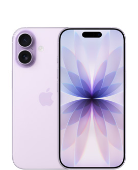iPhone 17، الجزء الخلفي الخارجي، لون ليلكي ناعم، نظام كاميرا Fusion المزدوجة في أعلى اليسار، شعار Apple في الوسط، الجزء الأمامي الخارجي، لون ليلكي ناعم، Dynamic Island في الوسط أعلى الشاشة