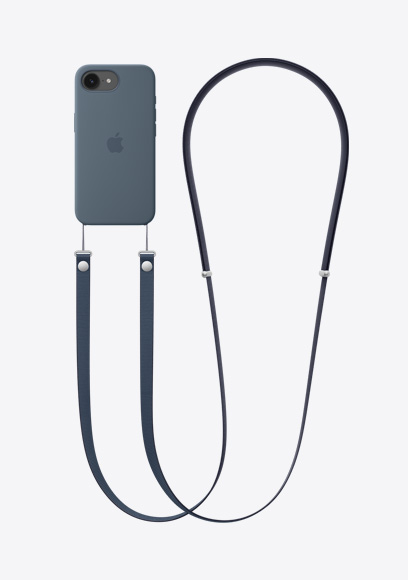 iPhone 17e, back exterior, black color, Silicone Case with MagSafe in blue color with Crossbody Strap in blue color attached