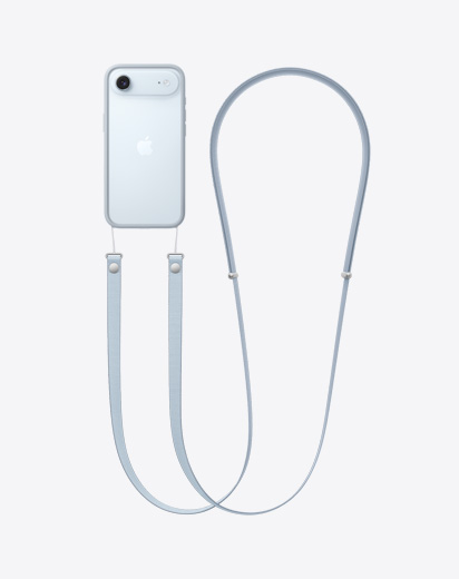 iPhone Air, parte trasera, correa cruzada enganchada a funda Bumper en color gris claro