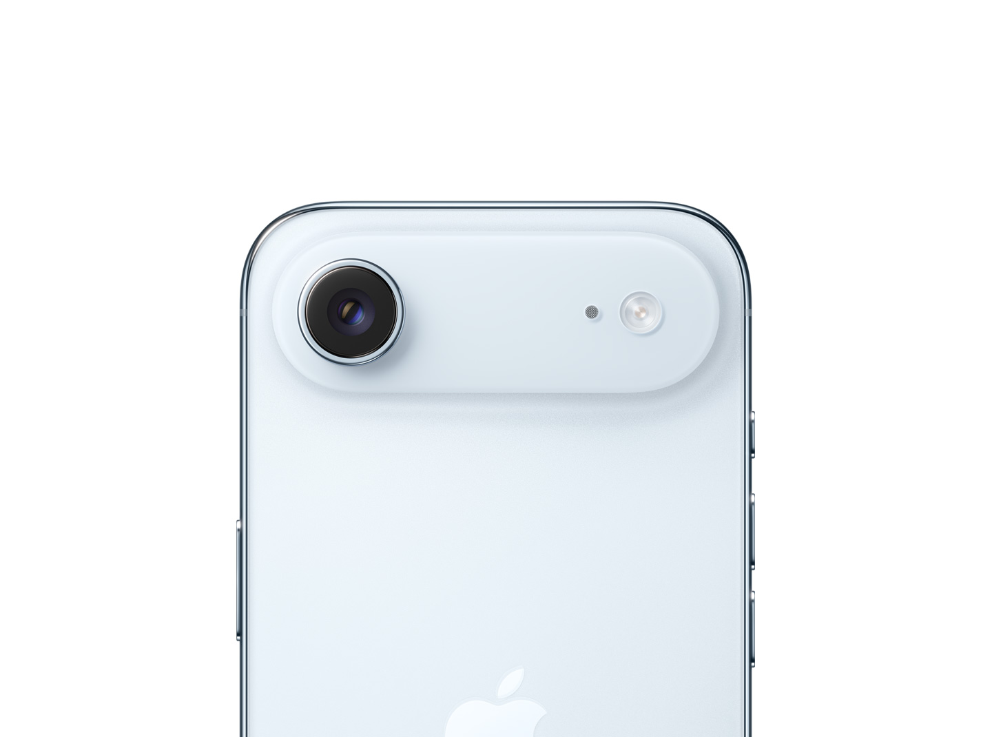 iPhone Air, parte trasera, color azul cielo, sistema de cámara principal Fusion en el módulo superior