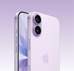 iPhone 17, color lavanda, parte delantera, parte trasera en ángulo, sistema de cámara dual Fusion arriba a la izquierda, botón Control de Cámara, parte delantera de la pantalla de borde a borde, botón Acción, botones de volumen, botones laterales