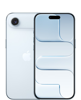 iPhone Air, parte trasera, color azul cielo, sistema de cámara Fusion en el extremo superior, logo de Apple en el centro, parte delantera, color azul cielo, Dynamic Island centrada en el extremo superior
