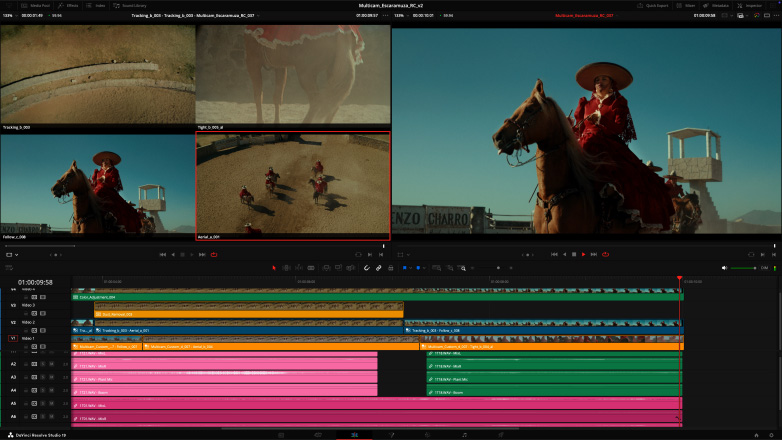 Studio Display และ Mac Studio พร้อมเวิร์กโฟลว์การตัดต่อวิดีโอแบบหลายกล้องใน DaVinci Resolve Studio