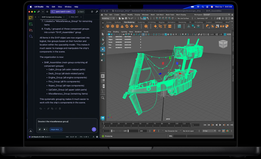 MacBook Pro Display mit LM Studio und Autodesk Maya