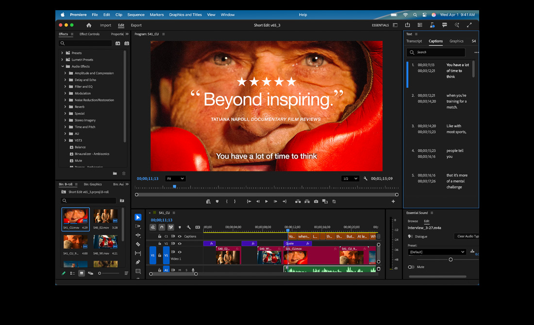 Ein MacBook Pro Display zeigt den Schnitt eines Films mit dem Titel Eternal Play in Adobe Premiere