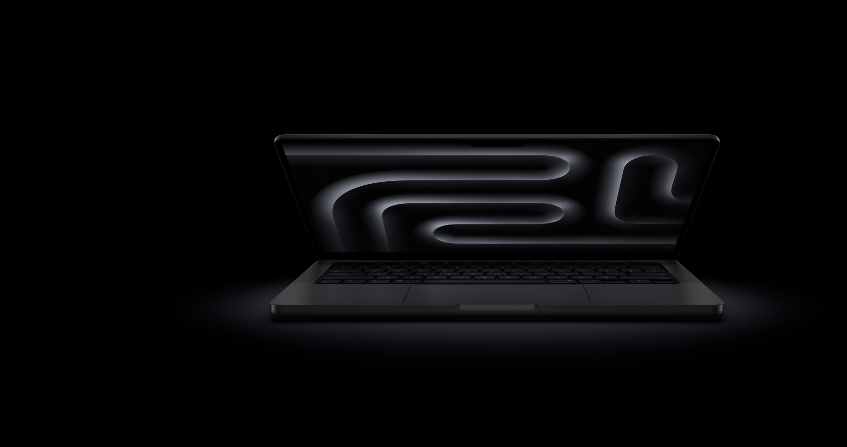 Vorderansicht des geöffneten MacBook Pro in Space Schwarz