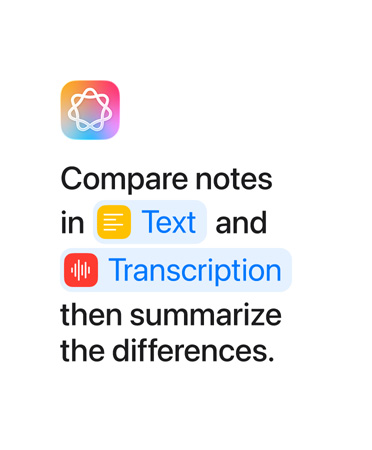 ”Compare notes in Text and Transcription then summarize the differences”, med orden Text och Transcription markerade i blått så som de skulle visas i appen Genvägar