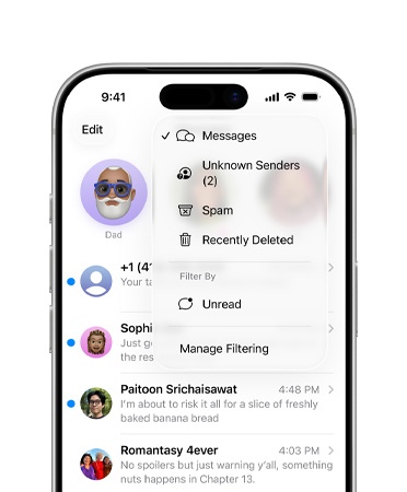 En iPhone-skärm med appen Meddelanden och den nya menyfunktionen med filtreringsverktyg i ett överlägg
