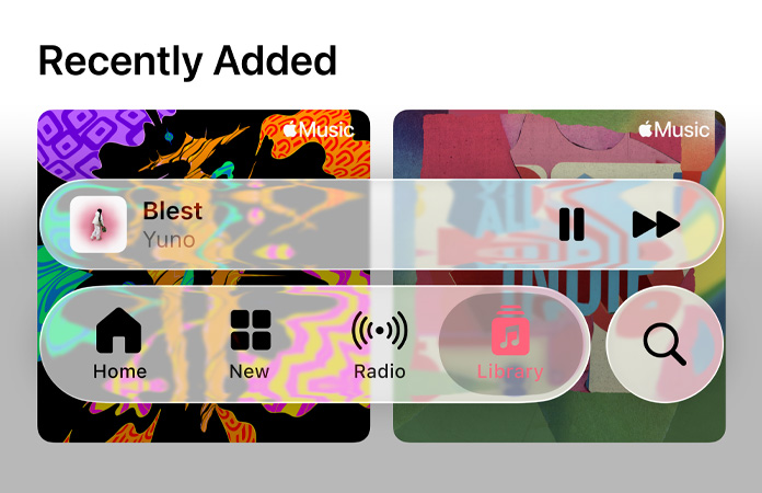Halvgenomskinliga reglage i Apple Music som bryter bakgrunden