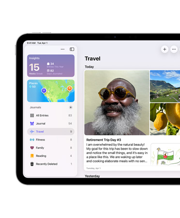 Un iPad, posición horizontal, el lado izquierdo de la pantalla muestra la app Diario