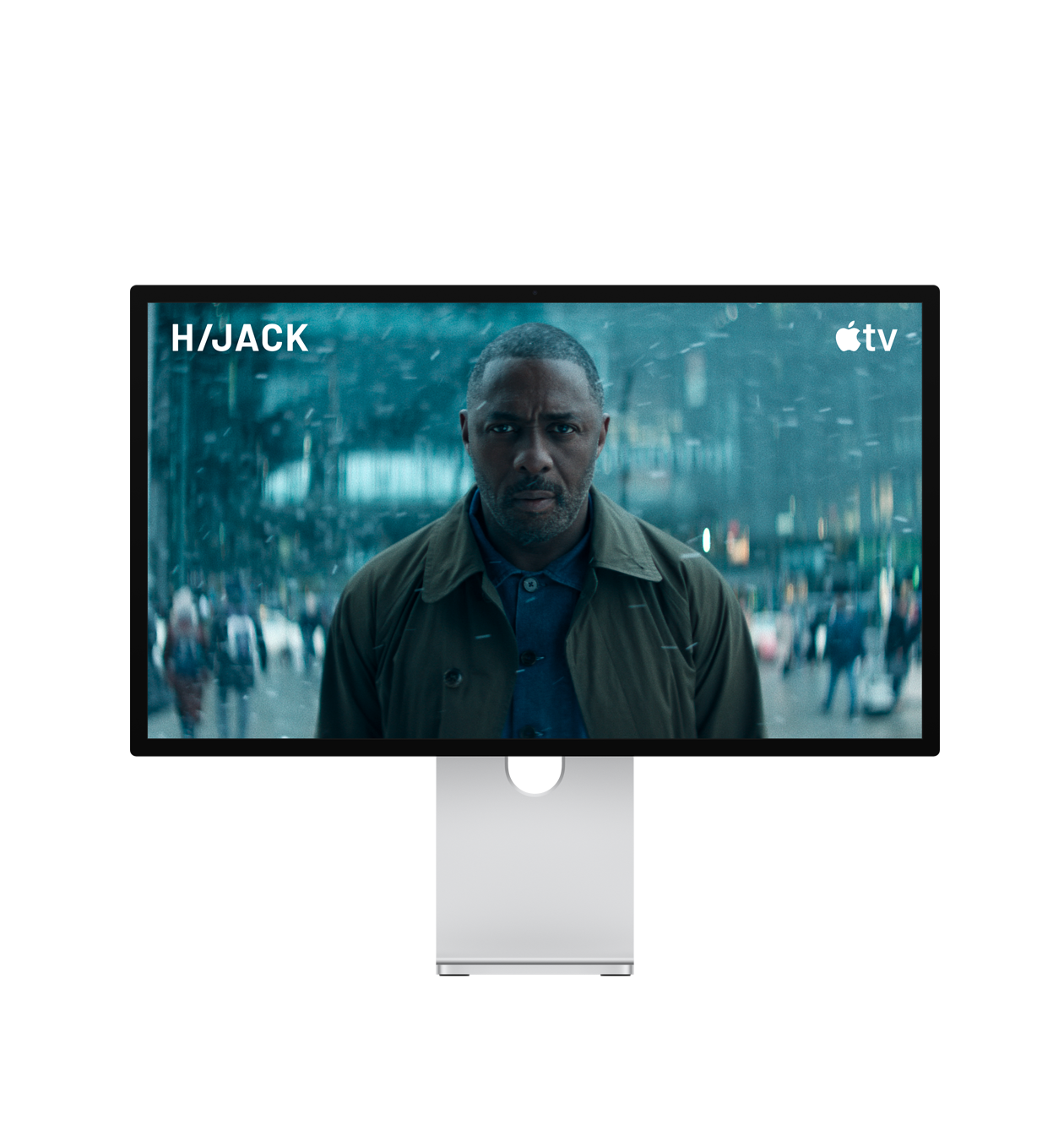 Studio Display XDR er omgivet af illustrationer af lydbølger, en scene fra tv-serien Hijack vises på skærmen