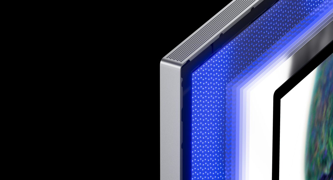 Mini-LED 特寫，展示小巧的 LED 背光系統建立多個調光分區