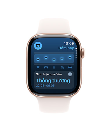 Apple Watch Series 11, aluminum case, rose gold color, Vitals app, chart scoring health, overnight vitals typical notification, right side exterior: Digital Crown, light blush Sport Band